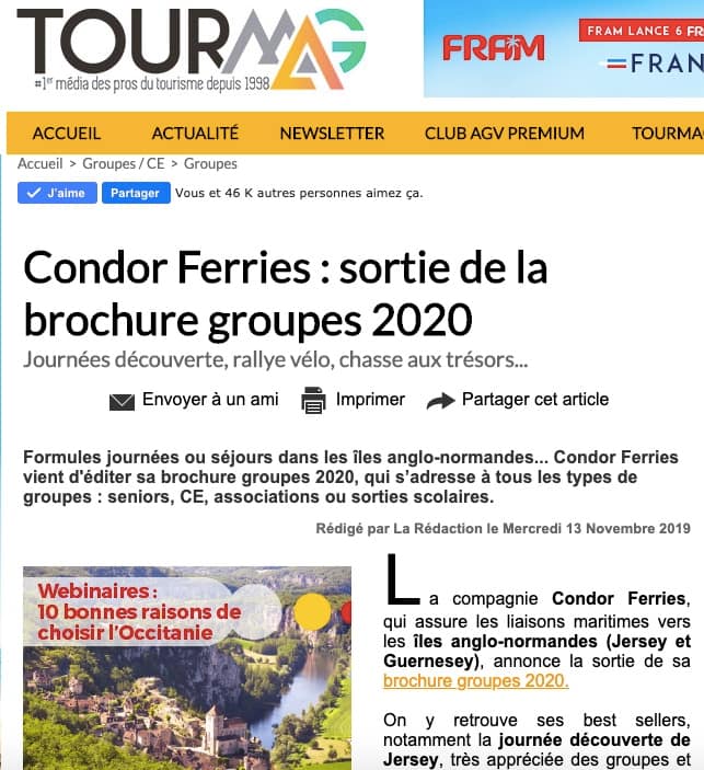 TourMag annonce la sortie de la brochure groupes 2020 de Condor Ferries