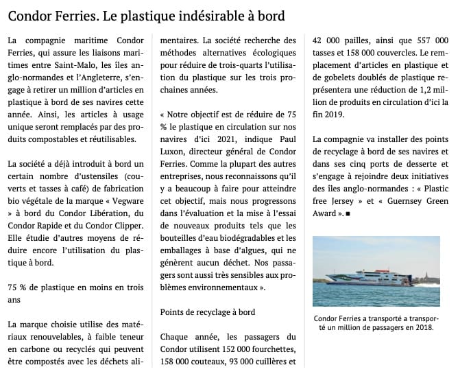 Le Télégramme : Condor Ferries sans plastique à bord